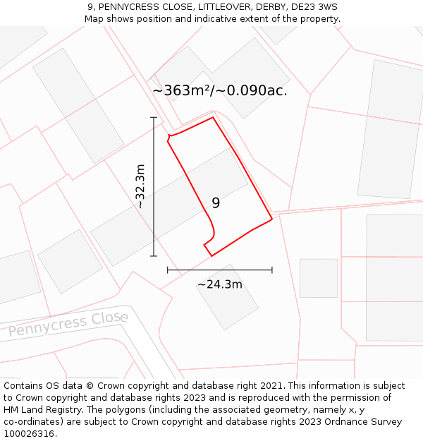 9, PENNYCRESS CLOSE, LITTLEOVER, DERBY, DE23 3WS: Plot and title map