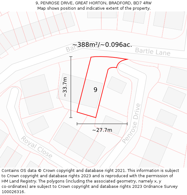 9, PENROSE DRIVE, GREAT HORTON, BRADFORD, BD7 4RW: Plot and title map
