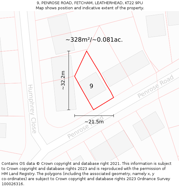 9, PENROSE ROAD, FETCHAM, LEATHERHEAD, KT22 9PU: Plot and title map