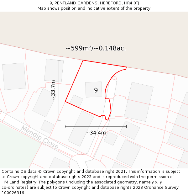 9, PENTLAND GARDENS, HEREFORD, HR4 0TJ: Plot and title map