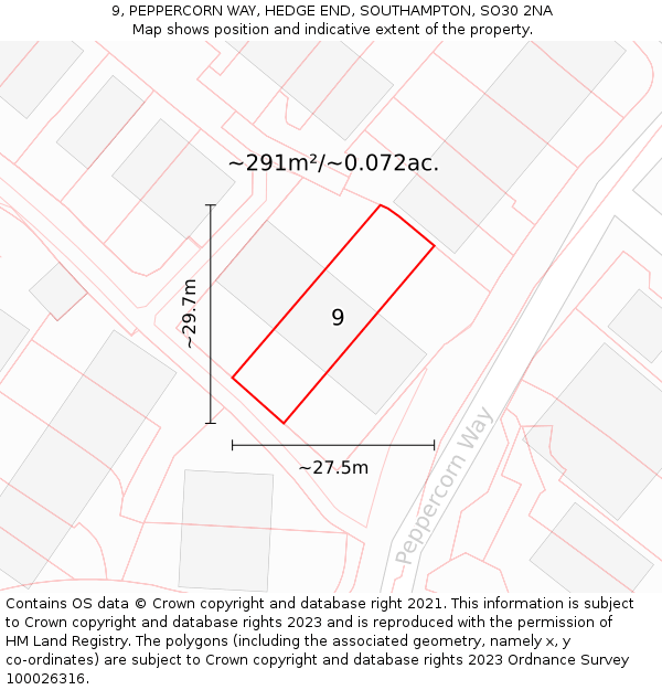 9, PEPPERCORN WAY, HEDGE END, SOUTHAMPTON, SO30 2NA: Plot and title map
