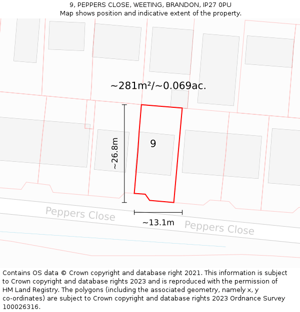 9, PEPPERS CLOSE, WEETING, BRANDON, IP27 0PU: Plot and title map