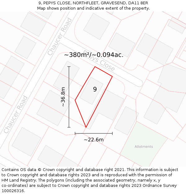 9, PEPYS CLOSE, NORTHFLEET, GRAVESEND, DA11 8ER: Plot and title map