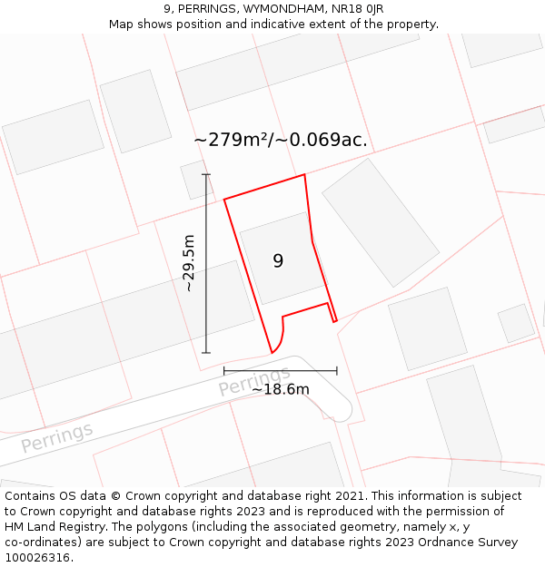 9, PERRINGS, WYMONDHAM, NR18 0JR: Plot and title map