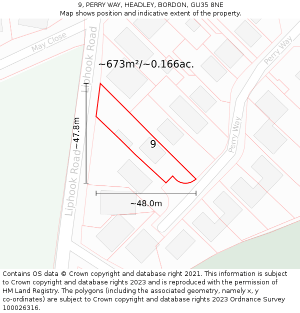 9, PERRY WAY, HEADLEY, BORDON, GU35 8NE: Plot and title map