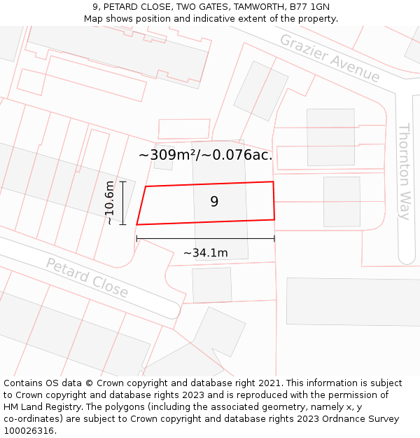 9, PETARD CLOSE, TWO GATES, TAMWORTH, B77 1GN: Plot and title map