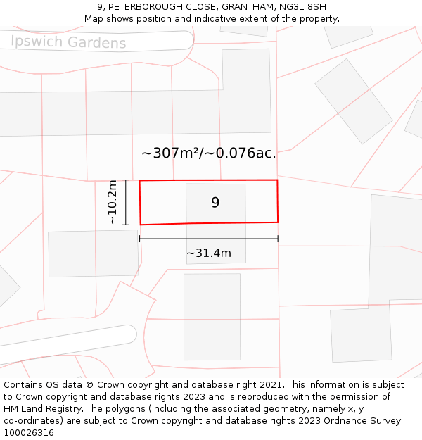 9, PETERBOROUGH CLOSE, GRANTHAM, NG31 8SH: Plot and title map