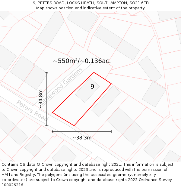 9, PETERS ROAD, LOCKS HEATH, SOUTHAMPTON, SO31 6EB: Plot and title map