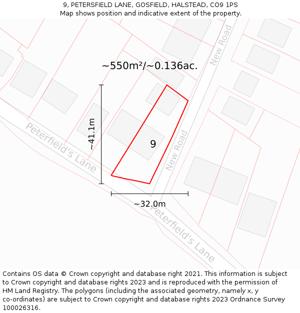 9, PETERSFIELD LANE, GOSFIELD, HALSTEAD, CO9 1PS: Plot and title map