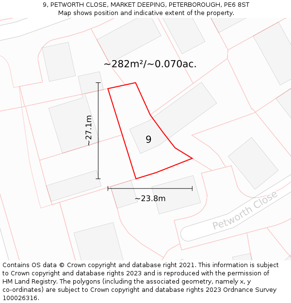 9, PETWORTH CLOSE, MARKET DEEPING, PETERBOROUGH, PE6 8ST: Plot and title map