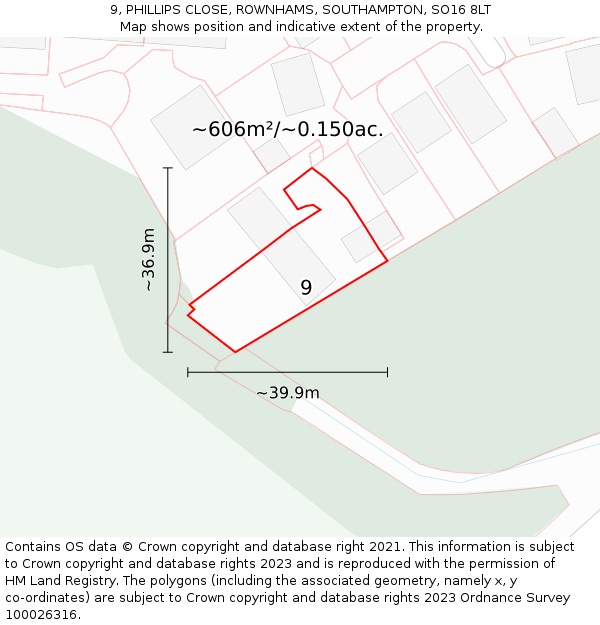 9, PHILLIPS CLOSE, ROWNHAMS, SOUTHAMPTON, SO16 8LT: Plot and title map