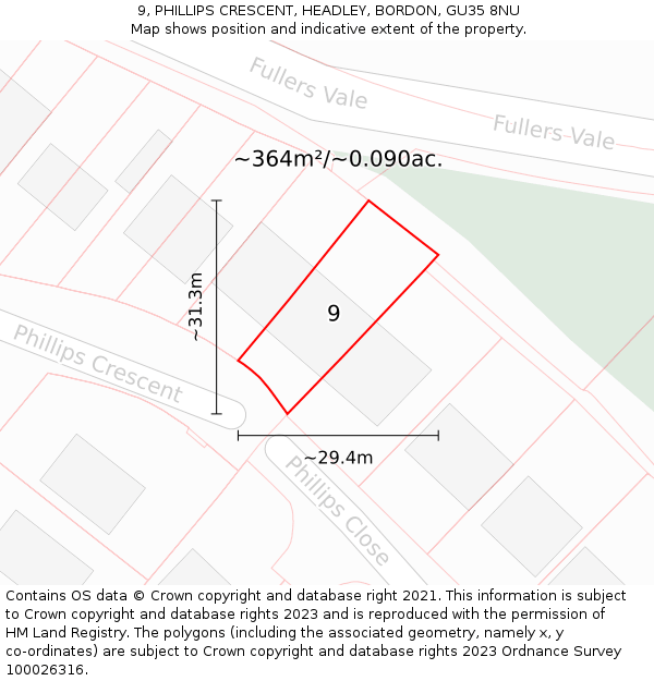 9, PHILLIPS CRESCENT, HEADLEY, BORDON, GU35 8NU: Plot and title map