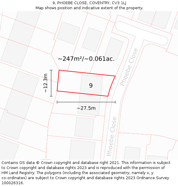 9, PHOEBE CLOSE, COVENTRY, CV3 1LJ: Plot and title map