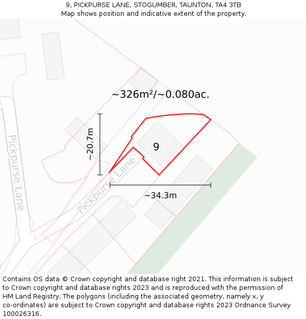 9, PICKPURSE LANE, STOGUMBER, TAUNTON, TA4 3TB: Plot and title map