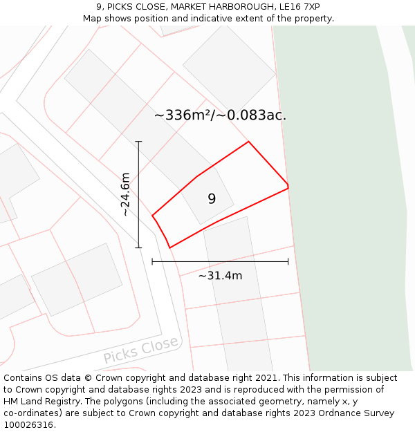 9, PICKS CLOSE, MARKET HARBOROUGH, LE16 7XP: Plot and title map