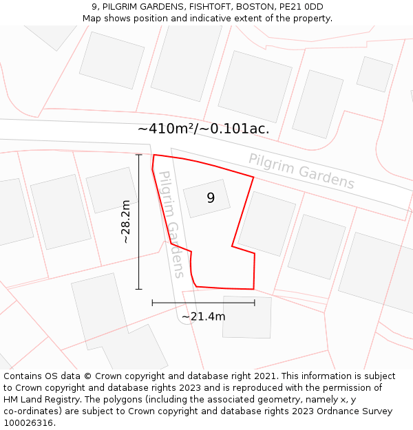 9, PILGRIM GARDENS, FISHTOFT, BOSTON, PE21 0DD: Plot and title map