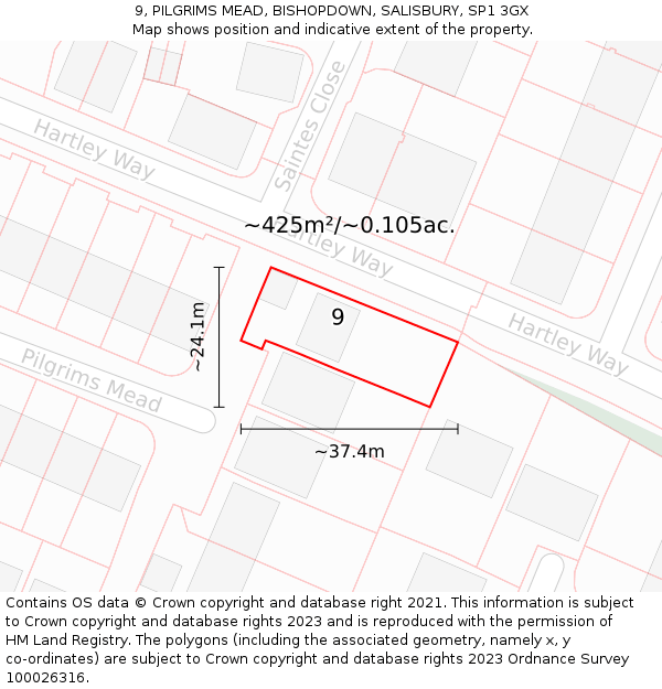 9, PILGRIMS MEAD, BISHOPDOWN, SALISBURY, SP1 3GX: Plot and title map