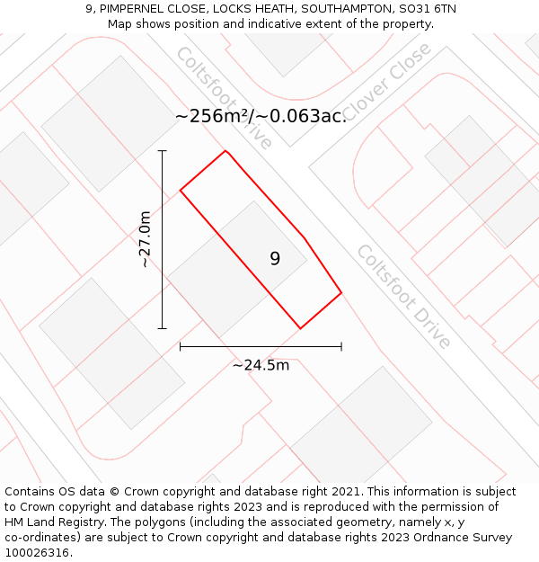 9, PIMPERNEL CLOSE, LOCKS HEATH, SOUTHAMPTON, SO31 6TN: Plot and title map