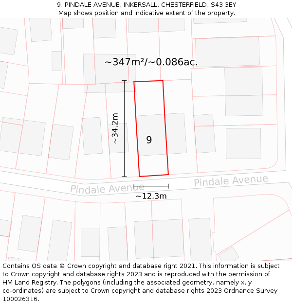 9, PINDALE AVENUE, INKERSALL, CHESTERFIELD, S43 3EY: Plot and title map