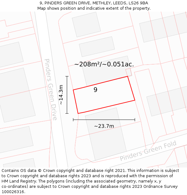 9, PINDERS GREEN DRIVE, METHLEY, LEEDS, LS26 9BA: Plot and title map