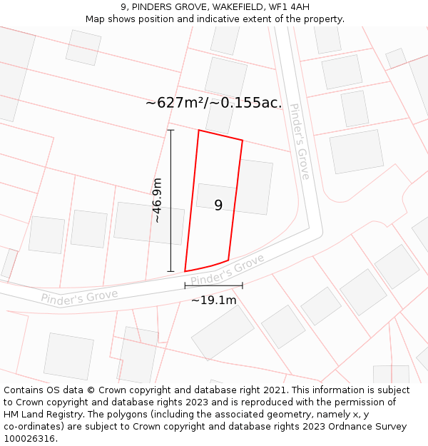 9, PINDERS GROVE, WAKEFIELD, WF1 4AH: Plot and title map