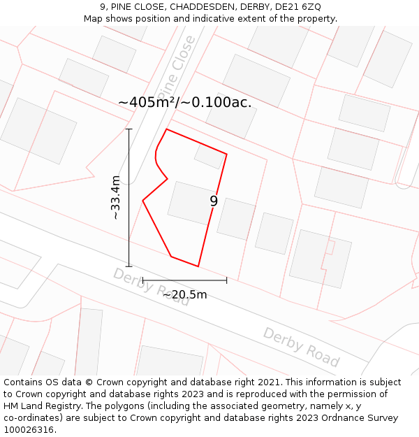 9, PINE CLOSE, CHADDESDEN, DERBY, DE21 6ZQ: Plot and title map