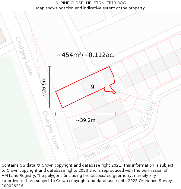 9, PINE CLOSE, HELSTON, TR13 8QG: Plot and title map