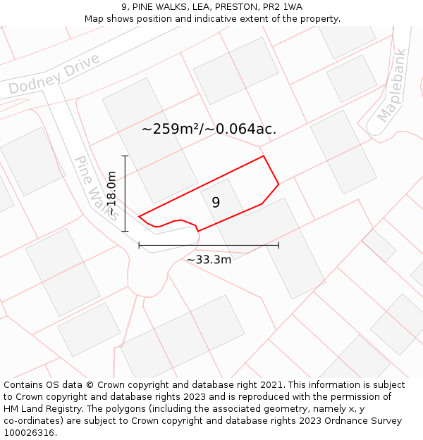 9, PINE WALKS, LEA, PRESTON, PR2 1WA: Plot and title map