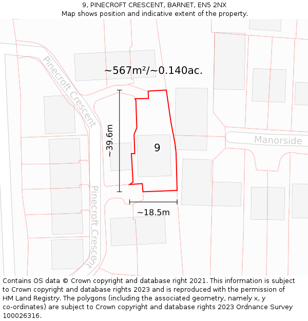 9, PINECROFT CRESCENT, BARNET, EN5 2NX: Plot and title map
