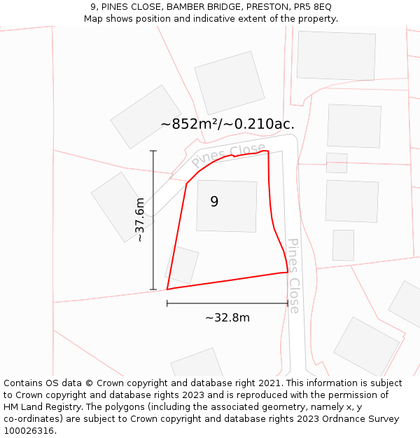 9, PINES CLOSE, BAMBER BRIDGE, PRESTON, PR5 8EQ: Plot and title map