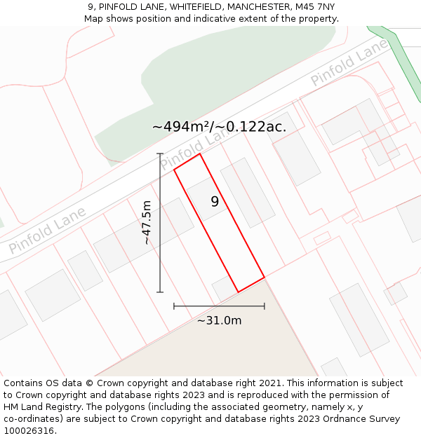 9, PINFOLD LANE, WHITEFIELD, MANCHESTER, M45 7NY: Plot and title map