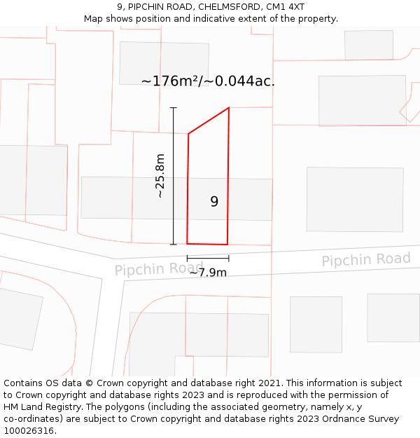 9, PIPCHIN ROAD, CHELMSFORD, CM1 4XT: Plot and title map