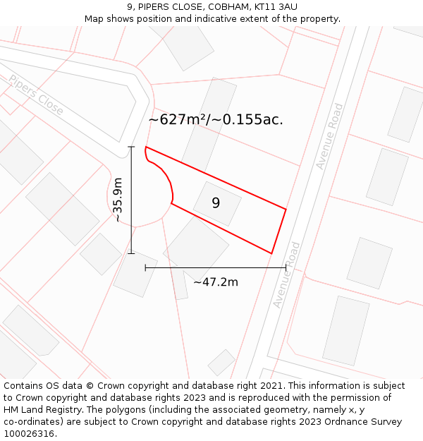 9, PIPERS CLOSE, COBHAM, KT11 3AU: Plot and title map