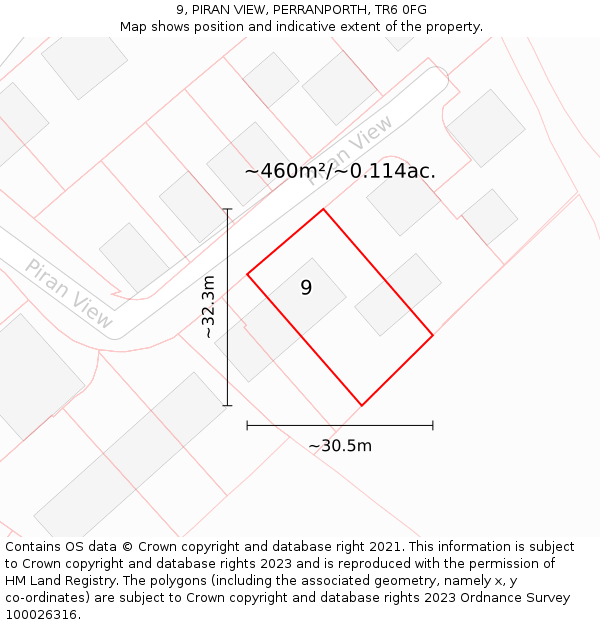 9, PIRAN VIEW, PERRANPORTH, TR6 0FG: Plot and title map
