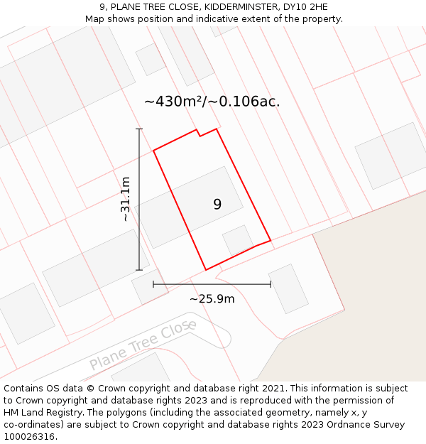 9, PLANE TREE CLOSE, KIDDERMINSTER, DY10 2HE: Plot and title map