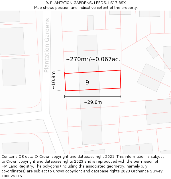 9, PLANTATION GARDENS, LEEDS, LS17 8SX: Plot and title map