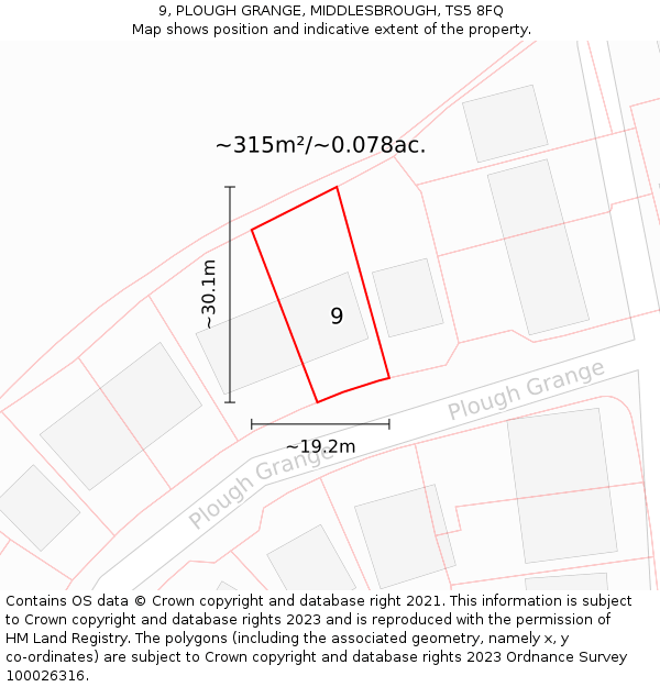 9, PLOUGH GRANGE, MIDDLESBROUGH, TS5 8FQ: Plot and title map