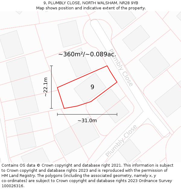 9, PLUMBLY CLOSE, NORTH WALSHAM, NR28 9YB: Plot and title map