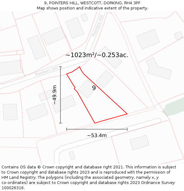 9, POINTERS HILL, WESTCOTT, DORKING, RH4 3PF: Plot and title map