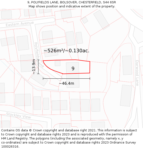 9, POLYFIELDS LANE, BOLSOVER, CHESTERFIELD, S44 6SR: Plot and title map