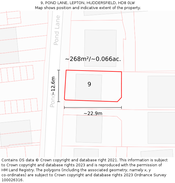 9, POND LANE, LEPTON, HUDDERSFIELD, HD8 0LW: Plot and title map
