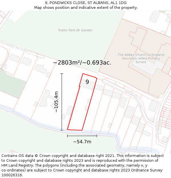 9, PONDWICKS CLOSE, ST ALBANS, AL1 1DG: Plot and title map