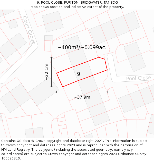 9, POOL CLOSE, PURITON, BRIDGWATER, TA7 8DG: Plot and title map