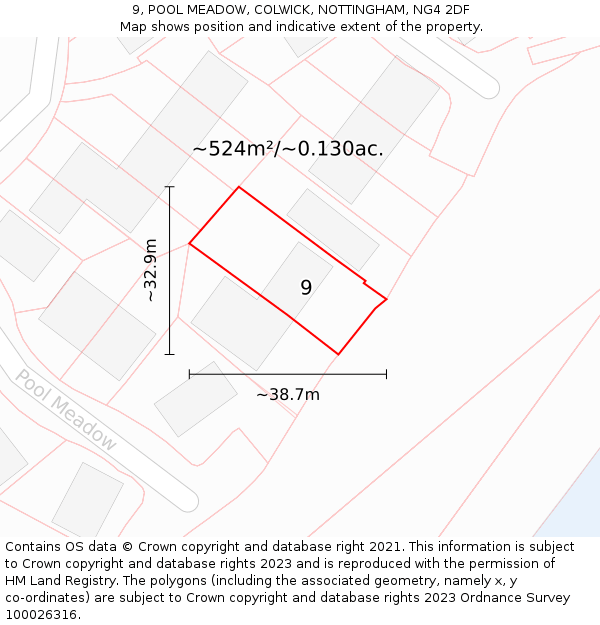 9, POOL MEADOW, COLWICK, NOTTINGHAM, NG4 2DF: Plot and title map