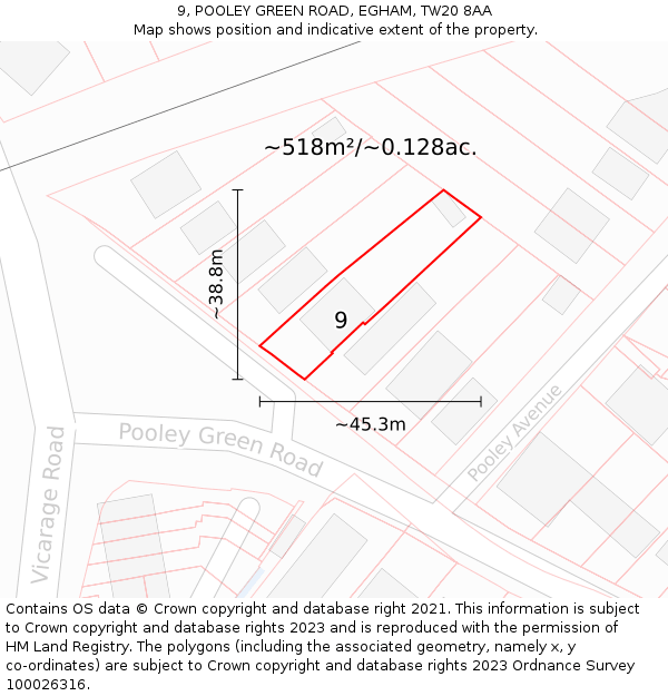 9, POOLEY GREEN ROAD, EGHAM, TW20 8AA: Plot and title map