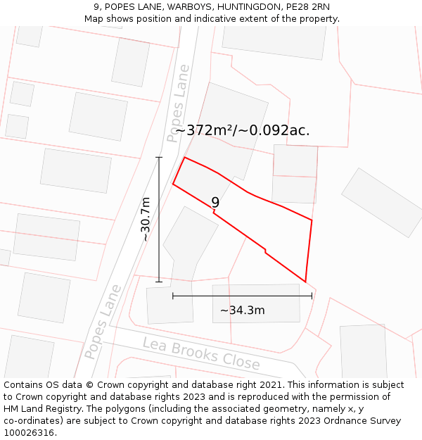 9, POPES LANE, WARBOYS, HUNTINGDON, PE28 2RN: Plot and title map