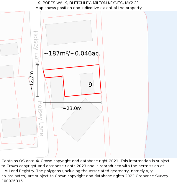 9, POPES WALK, BLETCHLEY, MILTON KEYNES, MK2 3FJ: Plot and title map