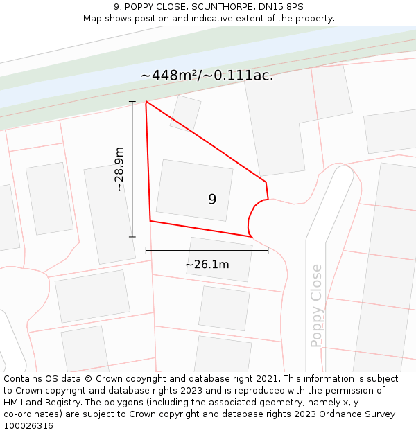 9, POPPY CLOSE, SCUNTHORPE, DN15 8PS: Plot and title map