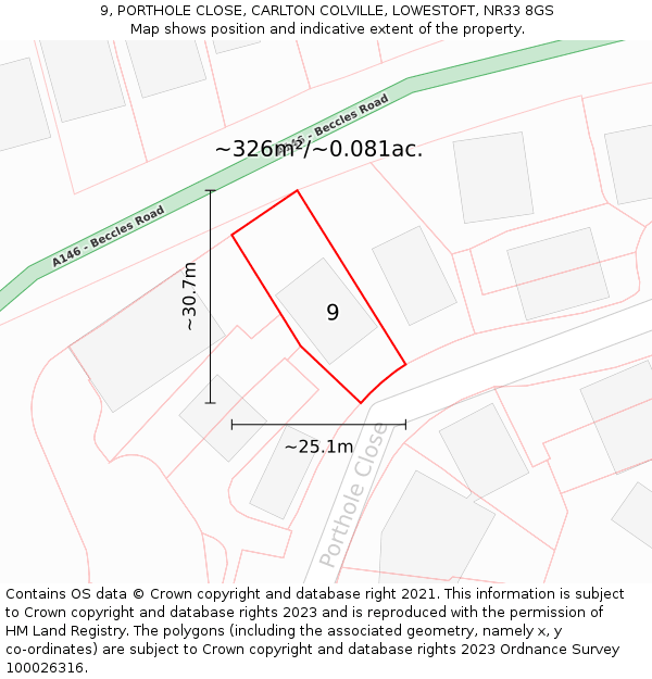 9, PORTHOLE CLOSE, CARLTON COLVILLE, LOWESTOFT, NR33 8GS: Plot and title map