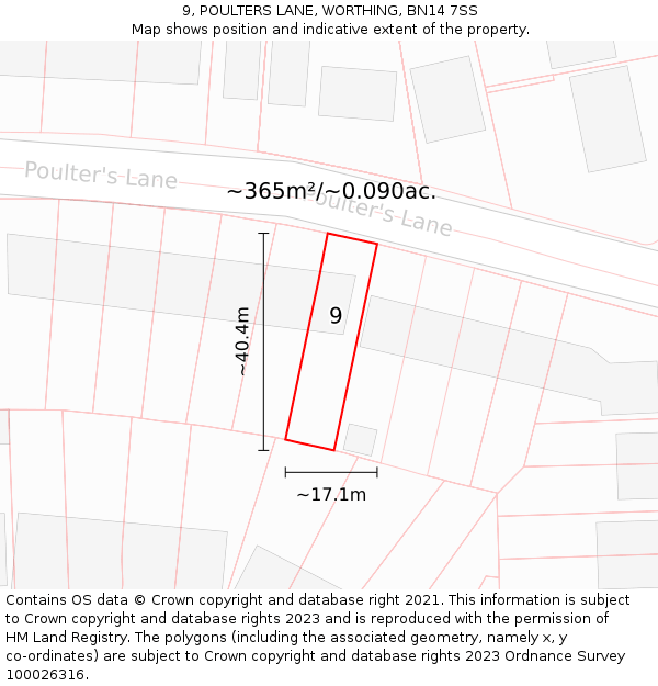 9, POULTERS LANE, WORTHING, BN14 7SS: Plot and title map